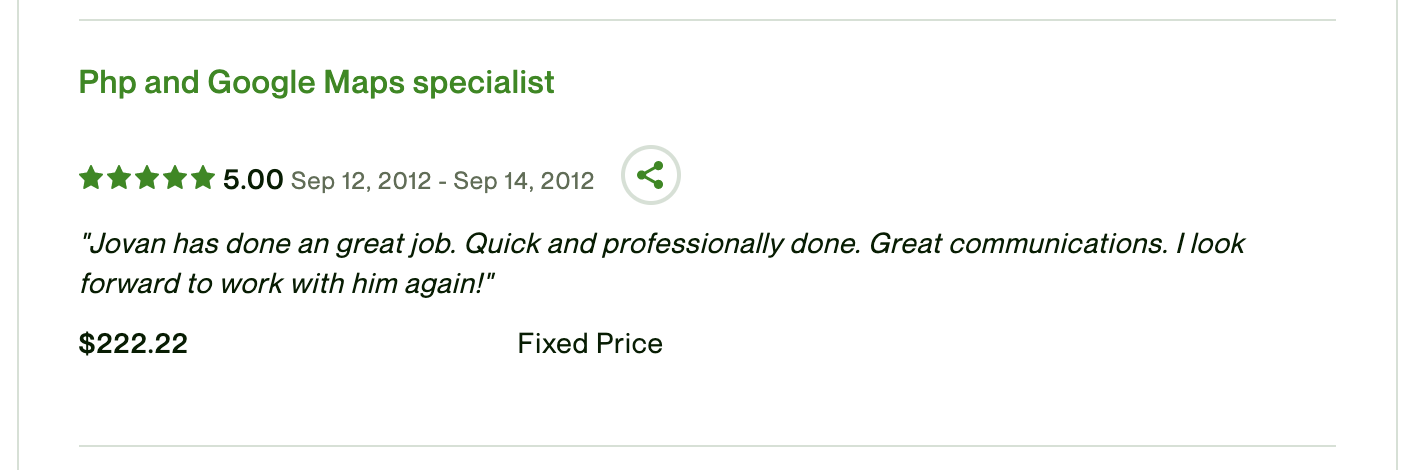 Jovan Cicmil's first review on Upwork